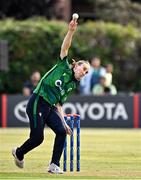 6 August 2025; Ireland bowler Orla Prendergast during match one of the Women's T20 International Series between Ireland and Pakistan at Clontarf Cricket Club in Dublin. Photo by Sam Barnes/Sportsfile