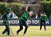 6 August 2025; Ireland bowler Orla Prendergast during match one of the Women's T20 International Series between Ireland and Pakistan at Clontarf Cricket Club in Dublin. Photo by Sam Barnes/Sportsfile