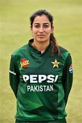 6 August 2025; Aliya Riaz of Pakistan poses for a portrait after match one of the Women's T20 International Series between Ireland and Pakistan at Clontarf Cricket Club in Dublin. Photo by Sam Barnes/Sportsfile