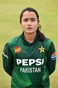 6 August 2025; Tuba Hassan of Pakistan poses for a portrait after match one of the Women's T20 International Series between Ireland and Pakistan at Clontarf Cricket Club in Dublin. Photo by Sam Barnes/Sportsfile