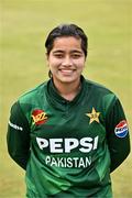 6 August 2025; Fatima Sana of Pakistan poses for a portrait after match one of the Women's T20 International Series between Ireland and Pakistan at Clontarf Cricket Club in Dublin. Photo by Sam Barnes/Sportsfile