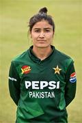 6 August 2025; Diana Baig of Pakistan poses for a portrait after match one of the Women's T20 International Series between Ireland and Pakistan at Clontarf Cricket Club in Dublin. Photo by Sam Barnes/Sportsfile