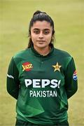 6 August 2025; Eyman Fatima of Pakistan poses for a portrait after match one of the Women's T20 International Series between Ireland and Pakistan at Clontarf Cricket Club in Dublin. Photo by Sam Barnes/Sportsfile