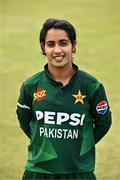 6 August 2025; Nashra Sundhu of Pakistan poses for a portrait after match one of the Women's T20 International Series between Ireland and Pakistan at Clontarf Cricket Club in Dublin. Photo by Sam Barnes/Sportsfile