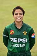 6 August 2025; Sidra Amin of Pakistan poses for a portrait after match one of the Women's T20 International Series between Ireland and Pakistan at Clontarf Cricket Club in Dublin. Photo by Sam Barnes/Sportsfile