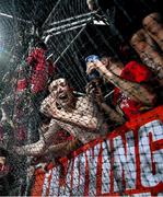 6 August 2025; Shelbourne supporters celebrate after the UEFA Europa League third qualifying round first leg match between Rijeka and Shelbourne at HNK Rijeka Stadium Rujevica in Rijeka, Croatia. Photo by Natasa Kupljenik/Sportsfile
