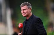 7 August 2025; St Patrick's Athletic manager Stephen Kenny is interviewed before during the UEFA Conference League Third Qualifying Round first leg match between St Patrick's Athletic and Besiktas at Tallaght Stadium in Dublin. Photo by Ben McShane/Sportsfile