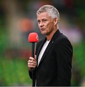 7 August 2025; Besiktas manager Ole Gunnar Solskjaer is interviewed before the UEFA Conference League Third Qualifying Round first leg match between St Patrick's Athletic and Besiktas at Tallaght Stadium in Dublin. Photo by Ben McShane/Sportsfile