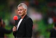 7 August 2025; Besiktas manager Ole Gunnar Solskjaer is interviewed before the UEFA Conference League Third Qualifying Round first leg match between St Patrick's Athletic and Besiktas at Tallaght Stadium in Dublin. Photo by Ben McShane/Sportsfile