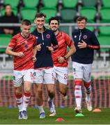 7 August 2025; St Patrick's Athletic players, from left, Brandon Kavanagh, Mason Melia, Luke Turner and Chris Forrester before the UEFA Conference League Third Qualifying Round first leg match between St Patrick's Athletic and Besiktas at Tallaght Stadium in Dublin. Photo by Stephen McCarthy/Sportsfile