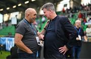 7 August 2025; St Patrick's Athletic manager Stephen Kenny, right, with former St Patrick's Athletic manaer John McDonnell before the UEFA Conference League Third Qualifying Round first leg match between St Patrick's Athletic and Besiktas at Tallaght Stadium in Dublin. Photo by Stephen McCarthy/Sportsfile