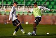 7 August 2025; Emirhan Topçu, right, and Ernest Muçi of Besiktas during the UEFA Conference League Third Qualifying Round first leg match between St Patrick's Athletic and Besiktas at Tallaght Stadium in Dublin. Photo by Ben McShane/Sportsfile