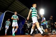 7 August 2025; Rory Gaffney, right, and Daniel Cleary of Shamrock Rovers before the UEFA Conference League Third Qualifying Round first leg match between Ballkani and Shamrock Rovers at Fadil Vokrri Stadium in Pristina, Kosovo. Photo by Nikola Krstic/Sportsfile