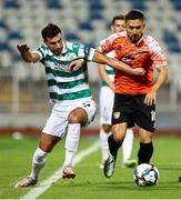 7 August 2025; Almir Kryeziu of Ballkani in action against Danny Mandroiu of Shamrock Rovers during the UEFA Conference League Third Qualifying Round first leg match between Ballkani and Shamrock Rovers at Fadil Vokrri Stadium in Pristina, Kosovo. Photo by Nikola Krstic/Sportsfile