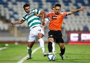 7 August 2025; Almir Kryeziu of Ballkani in action against Danny Mandroiu of Shamrock Rovers during the UEFA Conference League Third Qualifying Round first leg match between Ballkani and Shamrock Rovers at Fadil Vokrri Stadium in Pristina, Kosovo. Photo by Nikola Krstic/Sportsfile