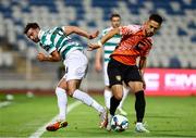 7 August 2025; Almir Kryeziu of Ballkani in action against Danny Mandroiu of Shamrock Rovers during the UEFA Conference League Third Qualifying Round first leg match between Ballkani and Shamrock Rovers at Fadil Vokrri Stadium in Pristina, Kosovo. Photo by Nikola Krstic/Sportsfile