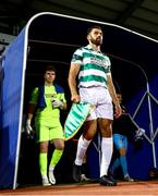 7 August 2025; Roberto Lopes of Shamrock Rovers, right, and Shamrock Rovers goalkeeper Ed McGinty before the UEFA Conference League Third Qualifying Round first leg match between Ballkani and Shamrock Rovers at Fadil Vokrri Stadium in Pristina, Kosovo. Photo by Nikola Krstic/Sportsfile