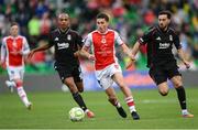 7 August 2025; Kian Leavy of St Patrick's Athletic in action against João Mário, left, and Orkun Kokçu of Besiktas during the UEFA Conference League Third Qualifying Round first leg match between St Patrick's Athletic and Besiktas at Tallaght Stadium in Dublin. Photo by Stephen McCarthy/Sportsfile