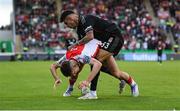 7 August 2025; Mason Melia of St Patrick's Athletic in action against Emirhan Topçu of Besiktas during the UEFA Conference League Third Qualifying Round first leg match between St Patrick's Athletic and Besiktas at Tallaght Stadium in Dublin. Photo by Stephen McCarthy/Sportsfile