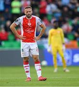 7 August 2025; Ryan McLaughlin of St Patrick's Athletic reacts after his side concede their first goal during the UEFA Conference League Third Qualifying Round first leg match between St Patrick's Athletic and Besiktas at Tallaght Stadium in Dublin. Photo by Stephen McCarthy/Sportsfile