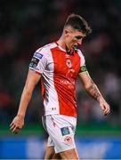 7 August 2025; Joe Redmond of St Patrick's Athletic reacts during the UEFA Conference League Third Qualifying Round first leg match between St Patrick's Athletic and Besiktas at Tallaght Stadium in Dublin. Photo by Stephen McCarthy/Sportsfile