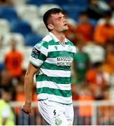 7 August 2025; Josh Honohan of Shamrock Rovers reacts during the UEFA Conference League Third Qualifying Round first leg match between Ballkani and Shamrock Rovers at Fadil Vokrri Stadium in Pristina, Kosovo. Photo by Nikola Krstic/Sportsfile