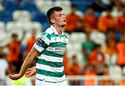 7 August 2025; Josh Honohan of Shamrock Rovers reacts during the UEFA Conference League Third Qualifying Round first leg match between Ballkani and Shamrock Rovers at Fadil Vokrri Stadium in Pristina, Kosovo. Photo by Nikola Krstic/Sportsfile