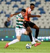 7 August 2025; Josh Honohan of Shamrock Rovers in action against Valentin Serebe of Ballkani during the UEFA Conference League Third Qualifying Round first leg match between Ballkani and Shamrock Rovers at Fadil Vokrri Stadium in Pristina, Kosovo. Photo by Nikola Krstic/Sportsfile