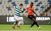 7 August 2025; Josh Honohan of Shamrock Rovers in action against Valentin Serebe of Ballkani during the UEFA Conference League Third Qualifying Round first leg match between Ballkani and Shamrock Rovers at Fadil Vokrri Stadium in Pristina, Kosovo. Photo by Nikola Krstic/Sportsfile