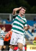 7 August 2025; Josh Honohan of Shamrock Rovers reacts to a missed opportunity during the UEFA Conference League Third Qualifying Round first leg match between Ballkani and Shamrock Rovers at Fadil Vokrri Stadium in Pristina, Kosovo. Photo by Nikola Krstic/Sportsfile