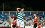 7 August 2025; Josh Honohan of Shamrock Rovers reacts to a missed opportunity during the UEFA Conference League Third Qualifying Round first leg match between Ballkani and Shamrock Rovers at Fadil Vokrri Stadium in Pristina, Kosovo. Photo by Nikola Krstic/Sportsfile