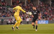 7 August 2025; St Patrick's Athletic goalkeeper Joseph Anang in action against Rafa Silva of Besiktas during the UEFA Conference League Third Qualifying Round first leg match between St Patrick's Athletic and Besiktas at Tallaght Stadium in Dublin. Photo by Stephen McCarthy/Sportsfile