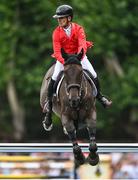 8 August 2025; Pius Schwizer of Switzerland, competing on Jason R, during Aga Khan Day at the Dublin Horse Show at the RDS Arena in Dublin. Photo by David Fitzgerald/Sportsfile