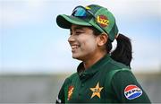 8 August 2025; Pakistan captain Fatima Sana before match two of the Women's T20 International Series between Ireland and Pakistan at Castle Avenue Cricket Ground in Dublin. Photo by Seb Daly/Sportsfile