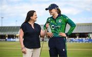8 August 2025; Ireland captain Gaby Lewis is interviewed by broadcaster Isobel Joyce before match two of the Women's T20 International Series between Ireland and Pakistan at Castle Avenue Cricket Ground in Dublin. Photo by Seb Daly/Sportsfile