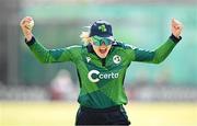 8 August 2025; Ireland captain Gaby Lewis celebrates after taking the wicket of Pakistan batter Shawaal Zulfiqar during match two of the Women's T20 International Series between Ireland and Pakistan at Castle Avenue Cricket Ground in Dublin. Photo by Seb Daly/Sportsfile