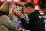 8 August 2025; Evan McLaughlin of Cork City, with his godson Noah, after his side's draw in the SSE Airtricity Men's Premier Division match between Derry City and Cork City at The Ryan McBride Brandywell Stadium in Derry. Photo by Ramsey Cardy/Sportsfile