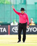8 August 2025; Umpire Aidan Seaver during match two of the Women's T20 International Series between Ireland and Pakistan at Castle Avenue Cricket Ground in Dublin. Photo by Seb Daly/Sportsfile