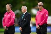 8 August 2025; Match referee Graham McCrea, centre, with umpires Aidan Seaver, left, and Roly Black before match two of the Women's T20 International Series between Ireland and Pakistan at Castle Avenue Cricket Ground in Dublin. Photo by Seb Daly/Sportsfile