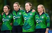 8 August 2025; Ireland players, from left, Lara McBride, Louise Little, Christina Coulter Reilly and Freya Sargent before match two of the Women's T20 International Series between Ireland and Pakistan at Castle Avenue Cricket Ground in Dublin. Photo by Seb Daly/Sportsfile