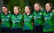 8 August 2025; Ireland players, from left, Arlene Kelly, Cara Murray, Lara McBride, Louise Little and Christina Coulter Reilly before match two of the Women's T20 International Series between Ireland and Pakistan at Castle Avenue Cricket Ground in Dublin. Photo by Seb Daly/Sportsfile