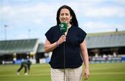 8 August 2025; Broadcaster Isobel Joyce before match two of the Women's T20 International Series between Ireland and Pakistan at Castle Avenue Cricket Ground in Dublin. Photo by Seb Daly/Sportsfile