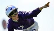 9 August 2025; Jockey David Egan celebrates after winning the Keeneland Phoenix Stakes on Power Blue at The Curragh Racecourse in Kildare. Photo by Seb Daly/Sportsfile