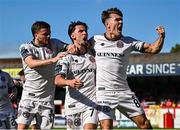 9 August 2025; Connor Parsons of Bohemians, centre, celebrates with team-mates Adam McDonnell, left, and Dayle Rooney after scoring their side's first goal during the SSE Airtricity Men's Premier Division match between Shelbourne and Bohemians at Tolka Park in Dublin. Photo by Tyler Miller/Sportsfile