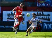 9 August 2025; Evan Caffrey of Shelbourne in action against Niall Morahan of Bohemians during the SSE Airtricity Men's Premier Division match between Shelbourne and Bohemians at Tolka Park in Dublin. Photo by Tyler Miller/Sportsfile