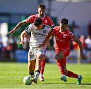 9 August 2025; James Clarke of Bohemians in action against Lewis Temple of Shelbourne during the SSE Airtricity Men's Premier Division match between Shelbourne and Bohemians at Tolka Park in Dublin. Photo by Tyler Miller/Sportsfile