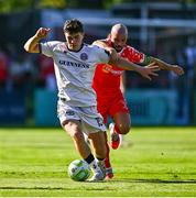 9 August 2025; James Clarke of Bohemians in action against Mark Coyle of Shelbourne during the SSE Airtricity Men's Premier Division match between Shelbourne and Bohemians at Tolka Park in Dublin. Photo by Tyler Miller/Sportsfile