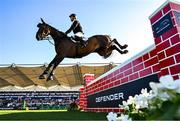 9 August 2025; Paul Sims of Great Britain, competing on Kingfisher, in the Defender Puissance during the Dublin Horse Show at the RDS Arena in Dublin. Photo by Shauna Clinton/Sportsfile