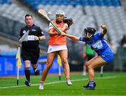 10 August 2025; Corinna Doyle of Armagh in action against Laura Finaly of Laois during the Glen Dimplex All-Ireland Premier Junior Camogie Championship final match between Armagh and Laois at Croke Park in Dublin. Photo by Piaras Ó Mídheach/Sportsfile