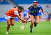 10 August 2025; Méabh O’Hare of Armagh in action against Kaylee O’Keefe of Laois during the Glen Dimplex All-Ireland Premier Junior Camogie Championship final match between Armagh and Laois at Croke Park in Dublin. Photo by Piaras Ó Mídheach/Sportsfile